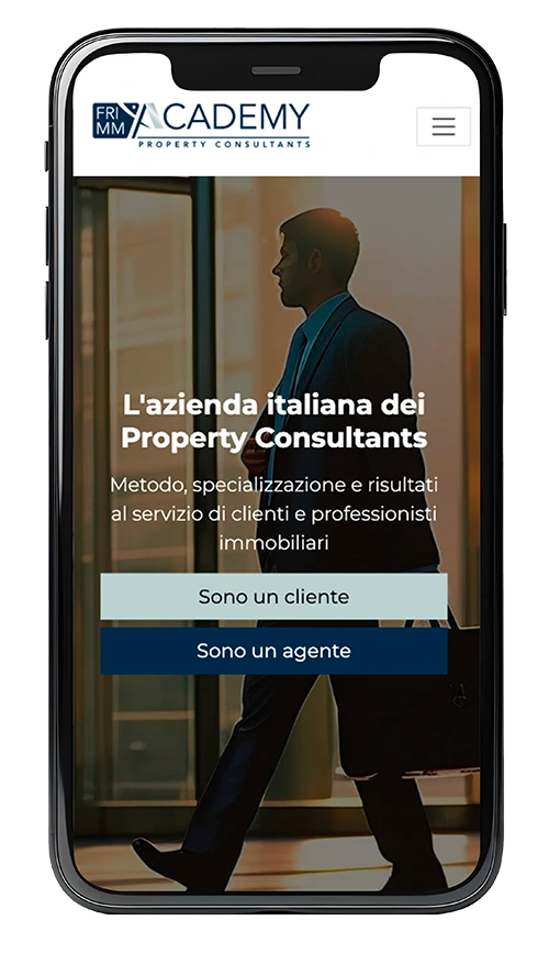 Homepage di FRIMM Academy Italia su uno smartphone
